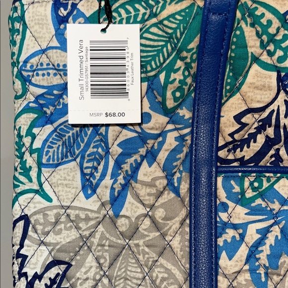 Vera Bradley Floral Blue and Green Small Trimmed Vera Tote Bag Santiago - Picture 7 of 9